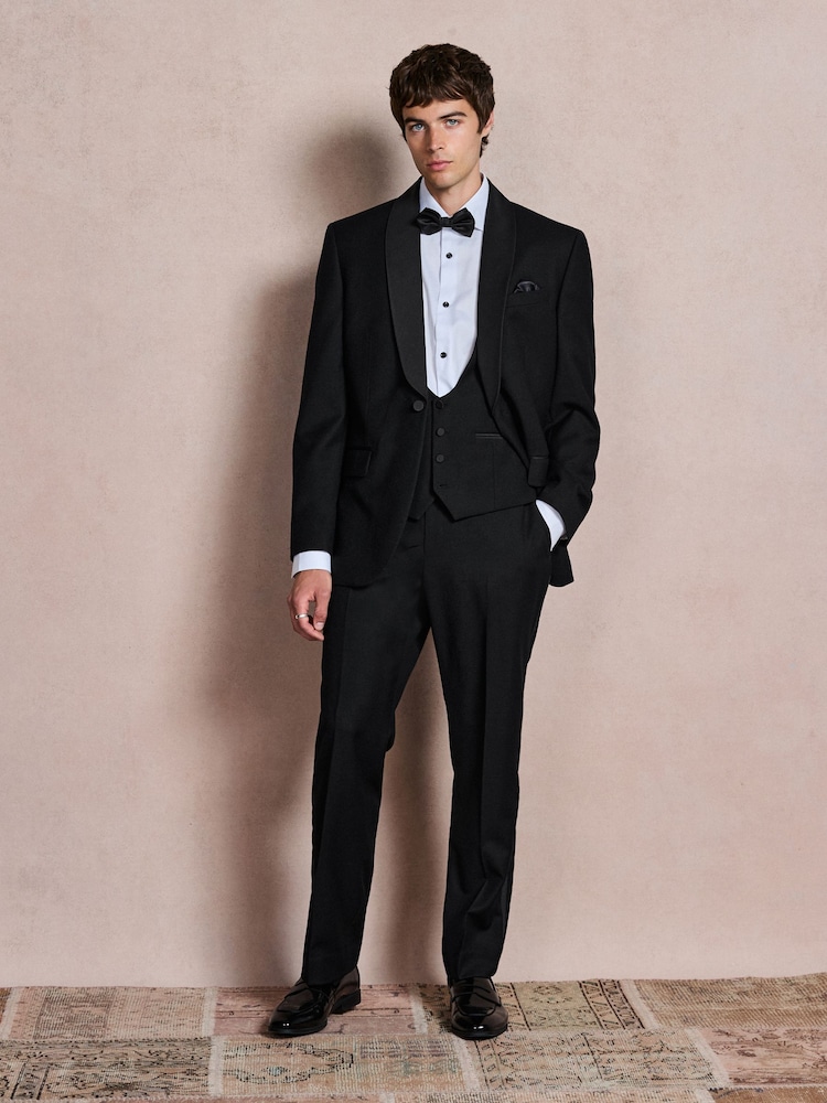 Black N. Premium Regular Fit Tuxedo Wool Blend Crepe Textured Suit Trousers With Tape Detail - Image 2 of 9