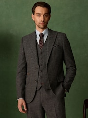 رمادي رمادي داكن - Tailored Fit Trimmed Dogtooth Wool Blend Suit Jacket - Image 2 of 15