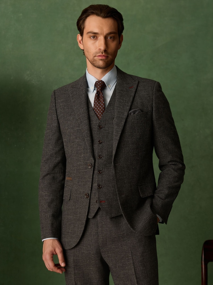 رمادي رمادي داكن - Tailored Fit Trimmed Dogtooth Wool Blend Suit Jacket - Image 2 of 15 رمادي رمادي داكن - Tailored Fit Trimmed Dogtooth Wool Blend Suit Jacket - Image 2 of 15