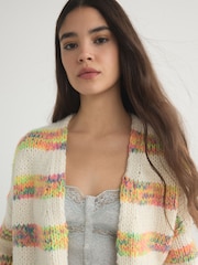 Ecru/Fluro Stripe Soft Touch Chunky Knit Cardigan - Image 4 of 7