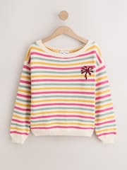 Multi Stripe Back Graphic Off Shoulder Jumper With Cotton - Image 1 of 4