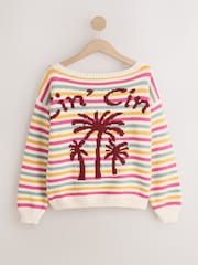 Multi Stripe Back Graphic Off Shoulder Jumper With Cotton - Image 2 of 4