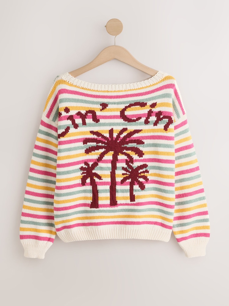 Multi Stripe Back Graphic Off Shoulder Jumper With Cotton - Image 2 of 4