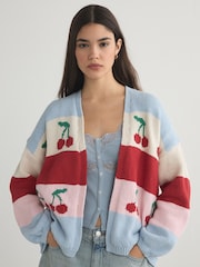 Multi Stripe Cherry Back Graphic Chunky Knit Cardigan - Image 1 of 9