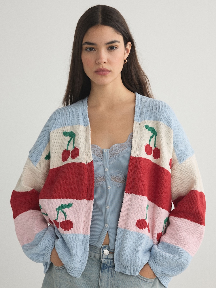 Multi Stripe Cherry Back Graphic Chunky Knit Cardigan - Image 1 of 9