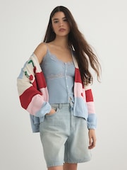 Multi Stripe Cherry Back Graphic Chunky Knit Cardigan - Image 2 of 9