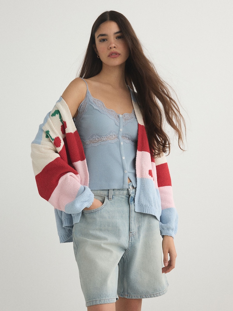 Multi Stripe Cherry Back Graphic Chunky Knit Cardigan - Image 2 of 9