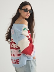 Multi Stripe Cherry Back Graphic Chunky Knit Cardigan - Image 3 of 9