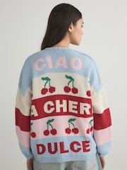 Multi Stripe Cherry Back Graphic Chunky Knit Cardigan - Image 4 of 9