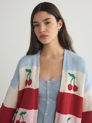 Multi Stripe Cherry Back Graphic Chunky Knit Cardigan - Image 5 of 9