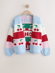 Multi Stripe Cherry Back Graphic Chunky Knit Cardigan - Image 6 of 9