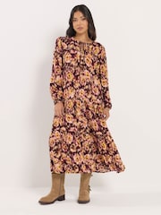 PixieGirl Petite Brown Blurred Floral Ruffle Midi Dress - Image 1 of 5