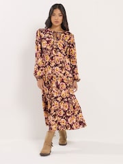 PixieGirl Petite Brown Blurred Floral Ruffle Midi Dress - Image 2 of 5