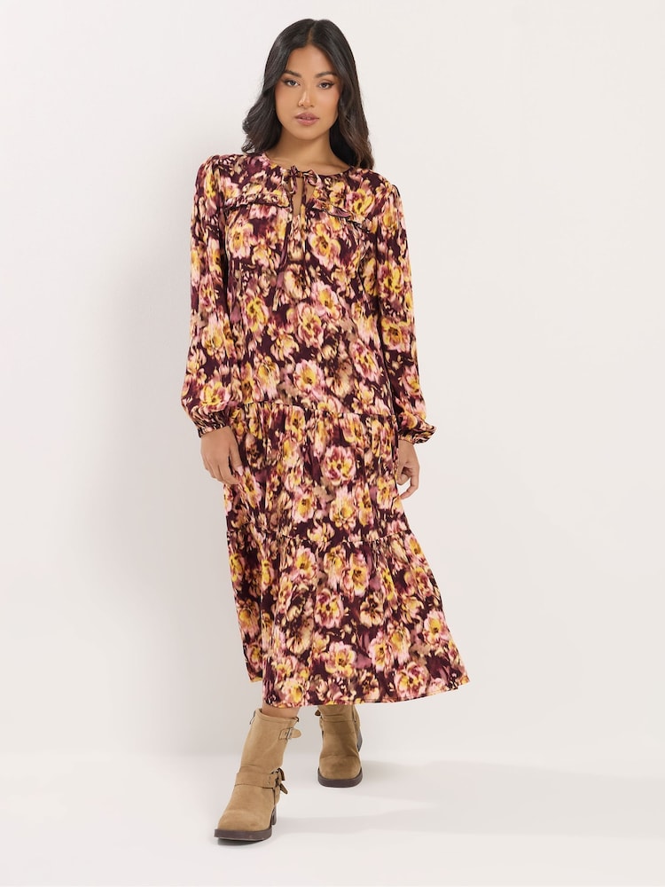 PixieGirl Petite Brown Blurred Floral Ruffle Midi Dress - Image 2 of 5