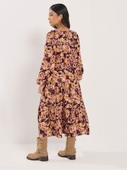 PixieGirl Petite Brown Blurred Floral Ruffle Midi Dress - Image 3 of 5