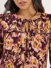 PixieGirl Petite Brown Blurred Floral Ruffle Midi Dress - Image 4 of 5
