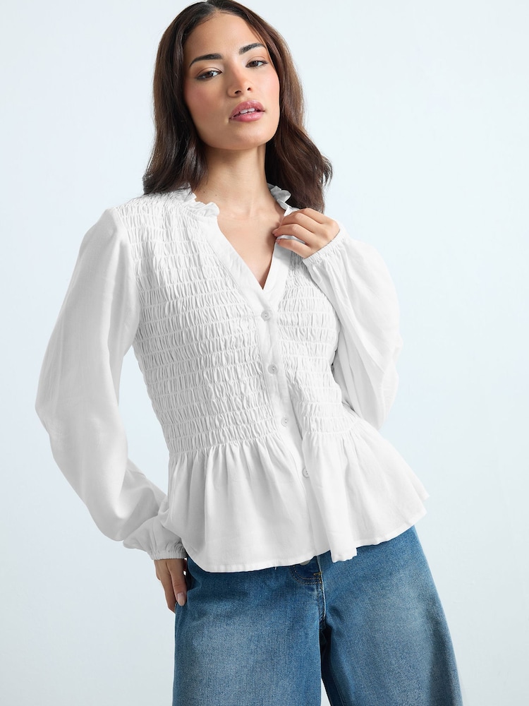 PixieGirl Petite White Shirred Long Sleeve Shirt - Image 2 of 3