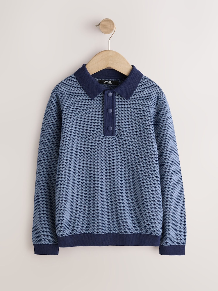 Blue/Navy Textured Knitted Popper Neck Polo Shirt (3-16yrs) - Image 1 of 4