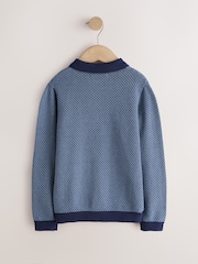 Blue/Navy Textured Knitted Popper Neck Polo Shirt (3-16yrs) - Image 2 of 4