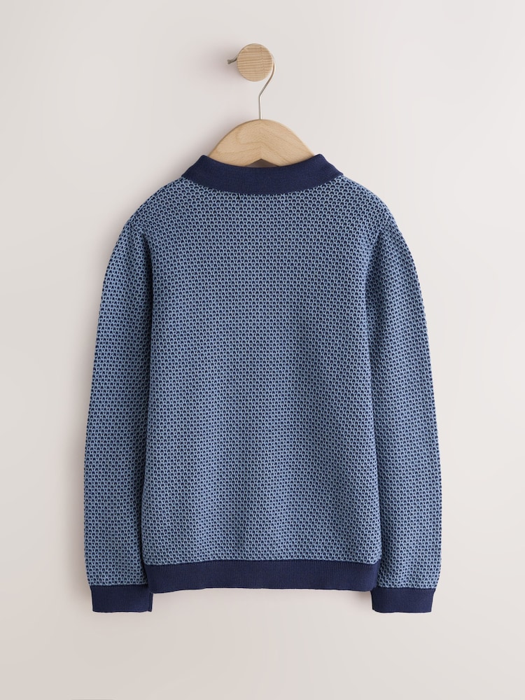 Blue/Navy Textured Knitted Popper Neck Polo Shirt (3-16yrs) - Image 2 of 4