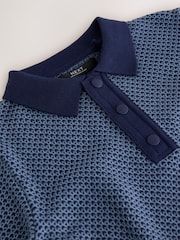 Blue/Navy Textured Knitted Popper Neck Polo Shirt (3-16yrs) - Image 3 of 4