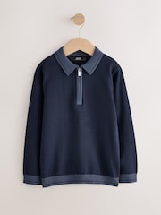 Navy - Long Sleeve Quarter Zip Knitted Polo Shirt (3-16taon) - Larawan 1 ng 4