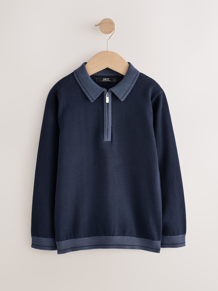 Navy - Long Sleeve Quarter Zip Knitted Polo Shirt (3-16taon) - Larawan 1 ng 4