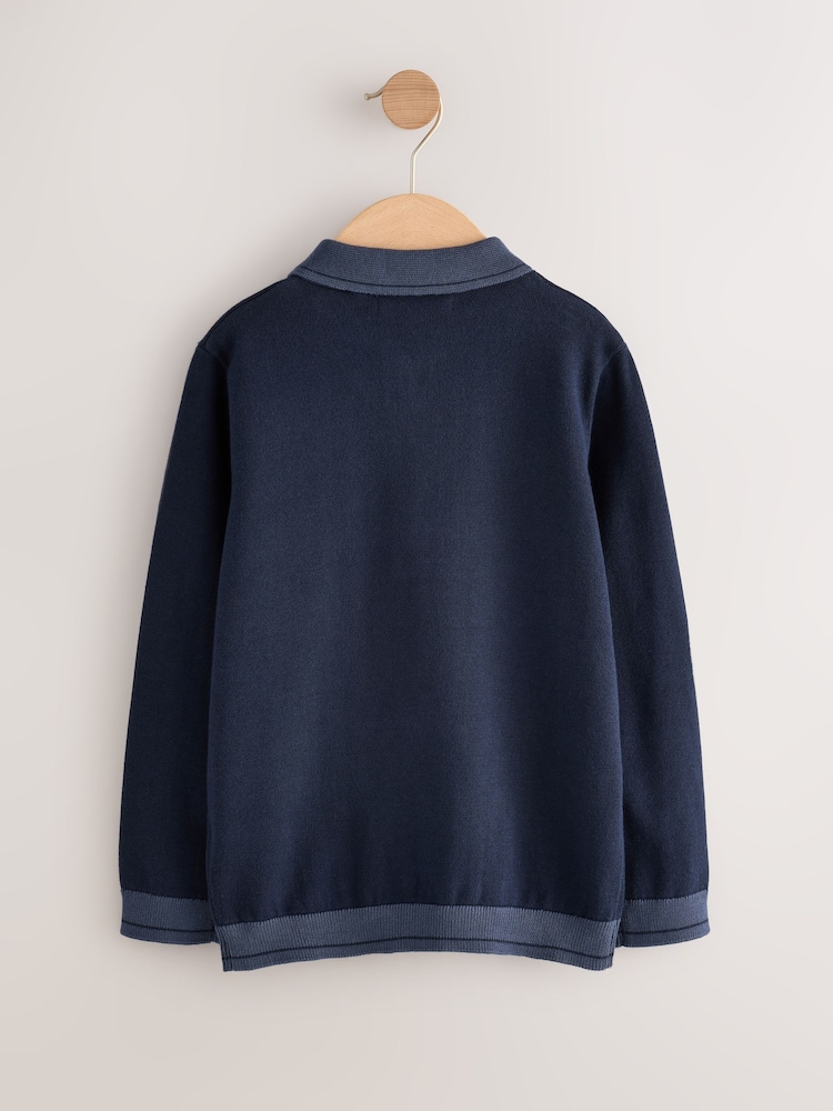 Navy - Long Sleeve Quarter Zip Knitted Polo Shirt (3-16taon) - Larawan 2 ng 4