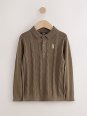 Brown/Khaki Stag Cable Knit Polo Shirt (3-16yrs) - Image 1 of 4