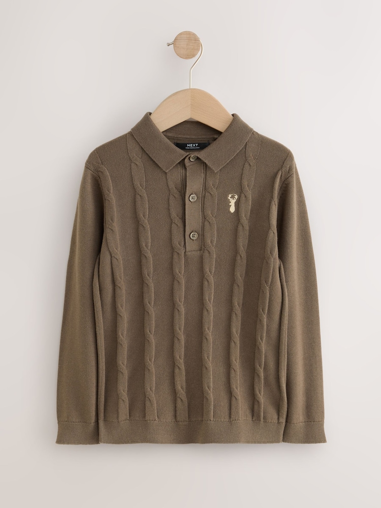 Brown/Khaki Stag Cable Knit Polo Shirt (3-16yrs) - Image 1 of 4 Brown/Khaki Stag Cable Knit Polo Shirt (3-16yrs) - Image 1 of 4