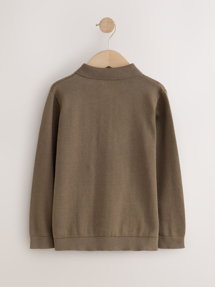 Brown/Khaki Stag Cable Knit Polo Shirt (3-16yrs) - Image 2 of 4 Brown/Khaki Stag Cable Knit Polo Shirt (3-16yrs) - Image 2 of 4
