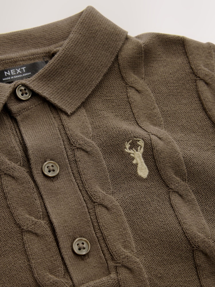 Brown/Khaki Stag Cable Knit Polo Shirt (3-16yrs) - Image 4 of 4 Brown/Khaki Stag Cable Knit Polo Shirt (3-16yrs) - Image 4 of 4
