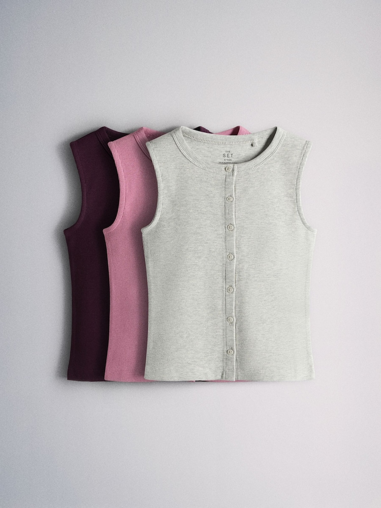 The Set Sleeveless Rib Jersey Button Through Vests 3 Pack Pink/Purple/White - Image 1 of 6