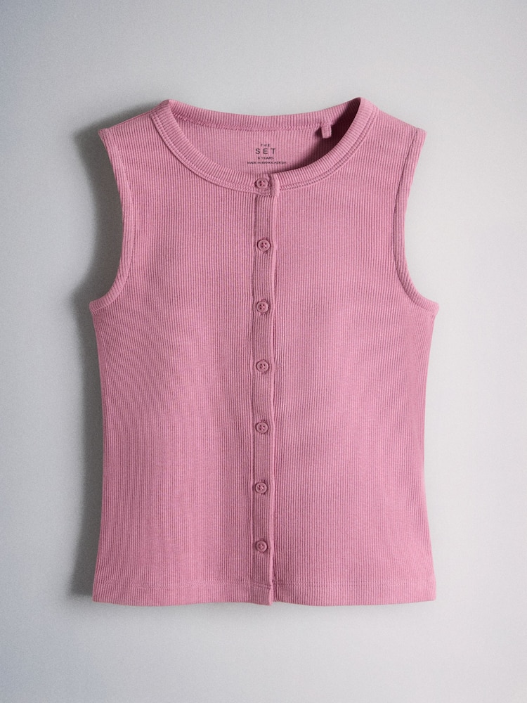 The Set Sleeveless Rib Jersey Button Through Vests 3 Pack Pink/Purple/White - Image 2 of 6