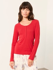 FatFace Hattie Red Henley Pointelle Top - Image 1 of 6