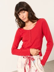 FatFace Hattie Red Henley Pointelle Top - Image 4 of 6