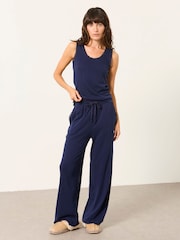 FatFace 2 Piece Navy Blue Pointelle Long Pyjama Set - Image 1 of 7