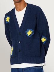Folk Blue Waffle Embroidered Yellow Flower Cardigan - Image 1 of 10
