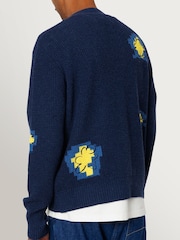 Folk Blue Waffle Embroidered Yellow Flower Cardigan - Image 2 of 10