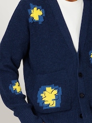 Folk Blue Waffle Embroidered Yellow Flower Cardigan - Image 3 of 10