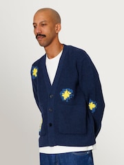 Folk Blue Waffle Embroidered Yellow Flower Cardigan - Image 5 of 10