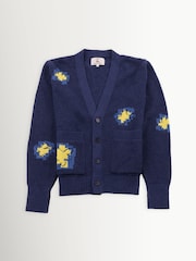 Folk Blue Waffle Embroidered Yellow Flower Cardigan - Image 8 of 10