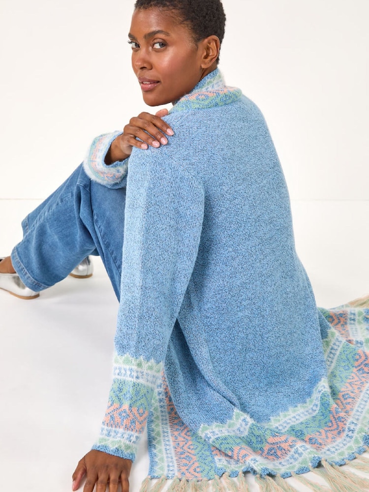 Roman Blue Patterened Fringe Cardigan - Image 2 of 5 Roman Blue Patterened Fringe Cardigan - Image 2 of 5