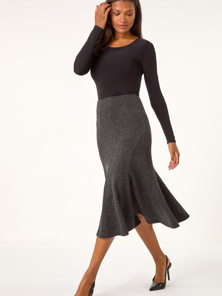 Roman Grey Flared Textured Midi Stretch Skirt - Image 1 of 5 Roman Grey Flared Textured Midi Stretch Skirt - Image 1 of 5