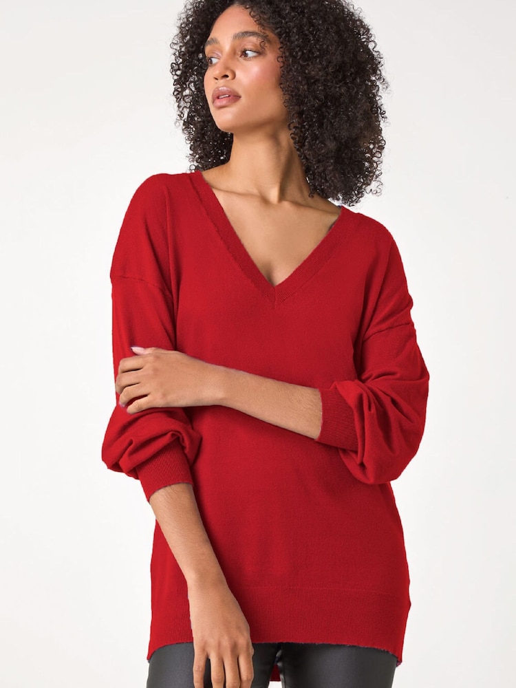 Roman Red Plain V-Neck Stretch Longline Jumper - Image 1 of 5 Roman Red Plain V-Neck Stretch Longline Jumper - Image 1 of 5