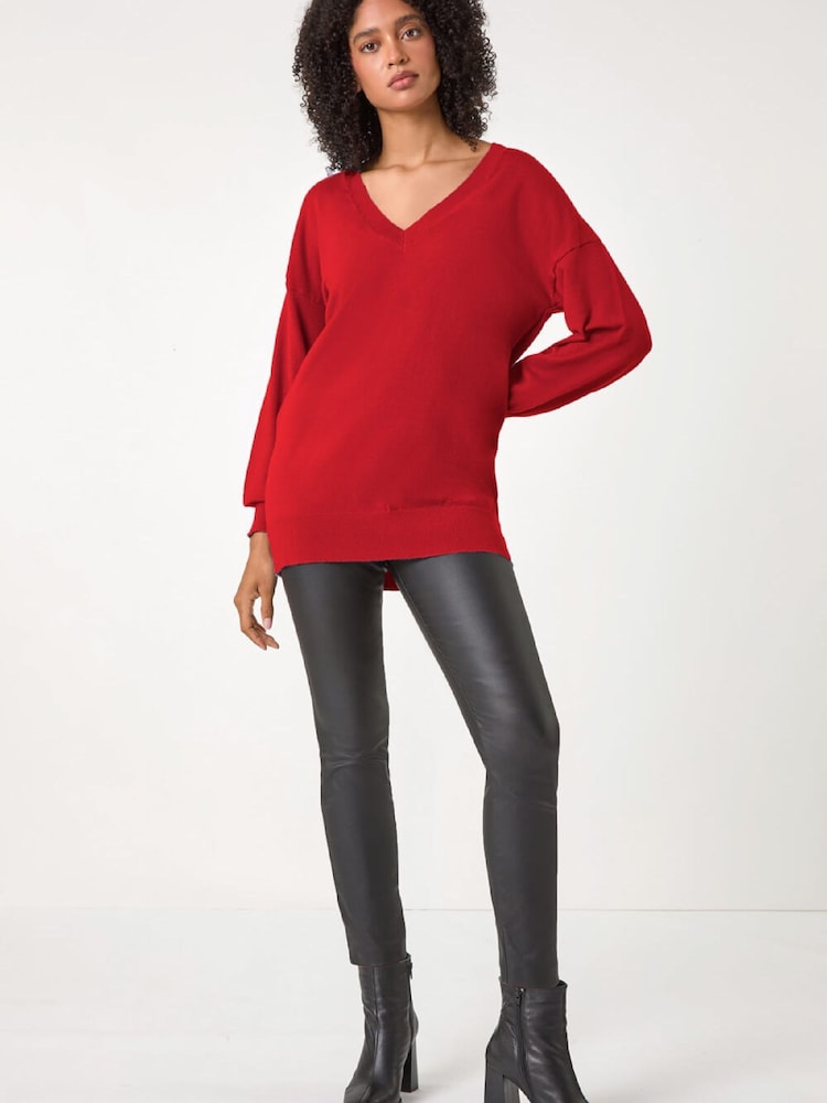 Roman Red Plain V-Neck Stretch Longline Jumper - Image 2 of 5 Roman Red Plain V-Neck Stretch Longline Jumper - Image 2 of 5