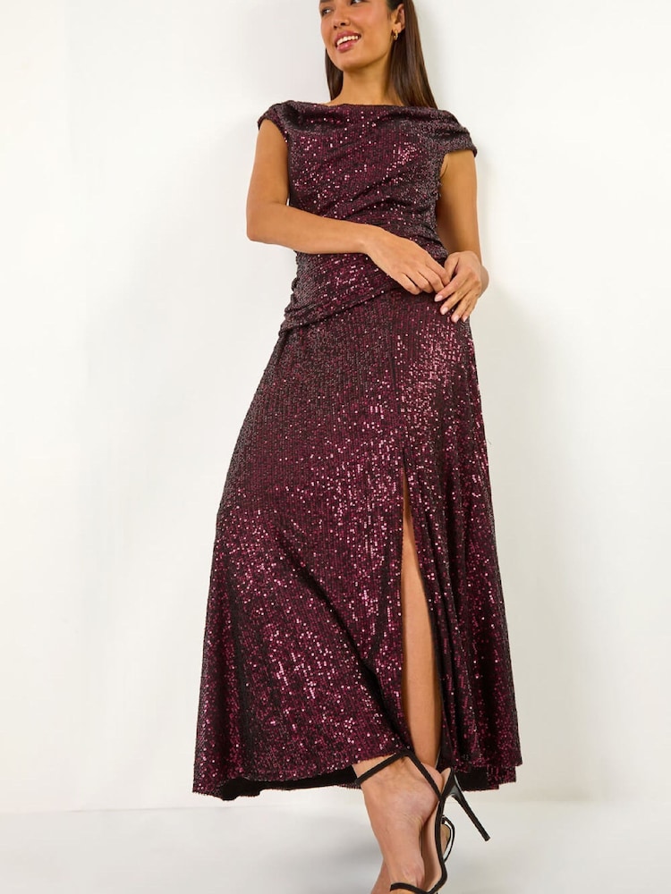 Roman Purple Sequin Cowl Neck Maxi Stretch Dress - Image 1 of 5 Roman Purple Sequin Cowl Neck Maxi Stretch Dress - Image 1 of 5