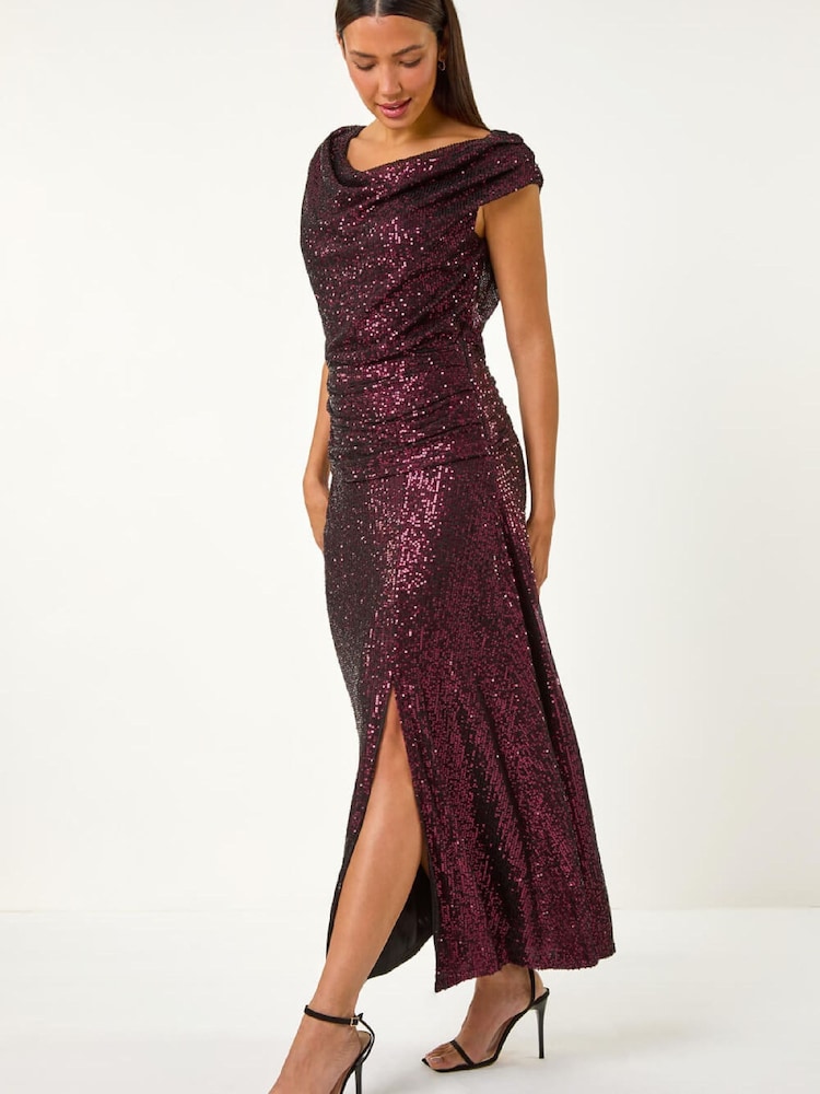 Roman Purple Sequin Cowl Neck Maxi Stretch Dress - Image 2 of 5 Roman Purple Sequin Cowl Neck Maxi Stretch Dress - Image 2 of 5