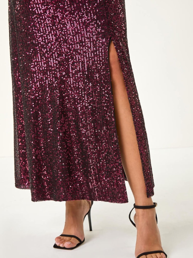 Roman Purple Sequin Cowl Neck Maxi Stretch Dress - Image 5 of 5 Roman Purple Sequin Cowl Neck Maxi Stretch Dress - Image 5 of 5