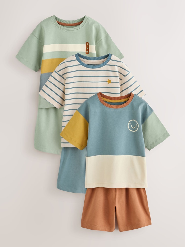 Green/Blue/Ochre Short Pyjamas 3 Pack (9mths-12yrs) - Image 1 of 8